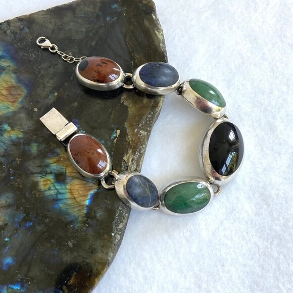 VTG Sterling Silver 925 Taxco Mexico Chunky Multi Gemstone Oval Link Bracelet - Picture 11 of 16